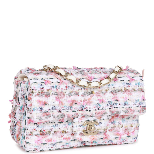 Chanel Mini Rectangular Flap Bag White Tweed Light Gold Hardware Rovelle Bags
