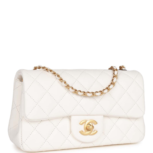 Chanel Pearl Crush Mini Rectangular Flap Bag White Lambskin Antique Gold Hardware Rovelle Bags