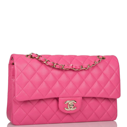 Chanel Pink Quilted Caviar Medium Classic Double Flap Bag Light Gold Hardware Rovelle Bags