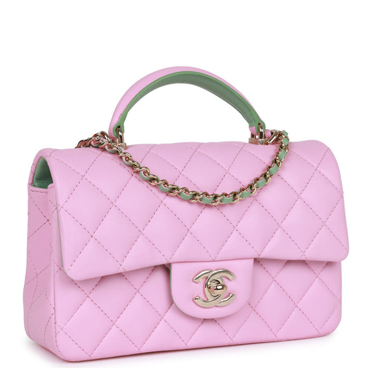 Chanel Mini Rectangular Flap With Top Handle Lilac And Green Lambskin Light Gold Hardware Rovelle Bags