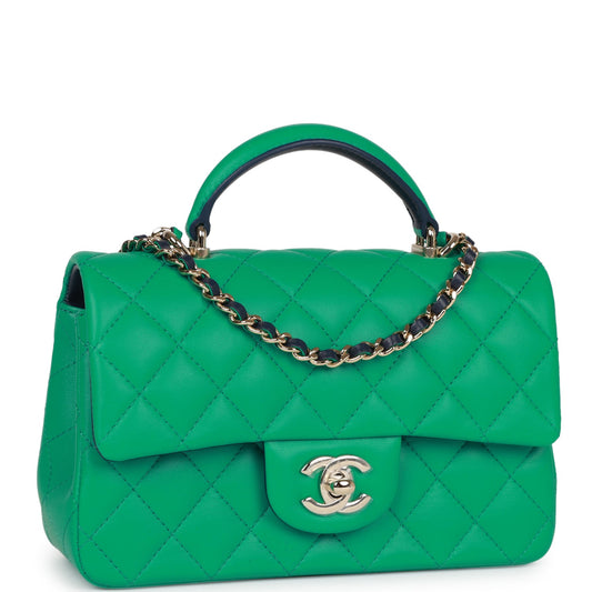 Chanel Mini Rectangular Flap With Top Handle Green And Navy Blue Lambskin Light Gold Hardware Rovelle Bags