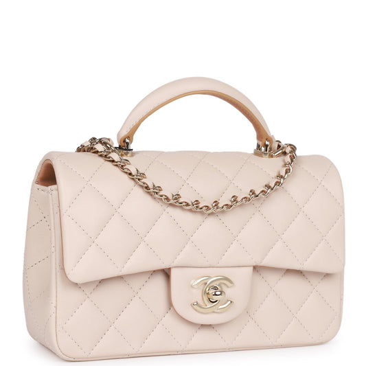 Chanel Mini Rectangular Flap With Top Handle Beige And Caramel Lambskin Light Gold Hardware Rovelle Bags
