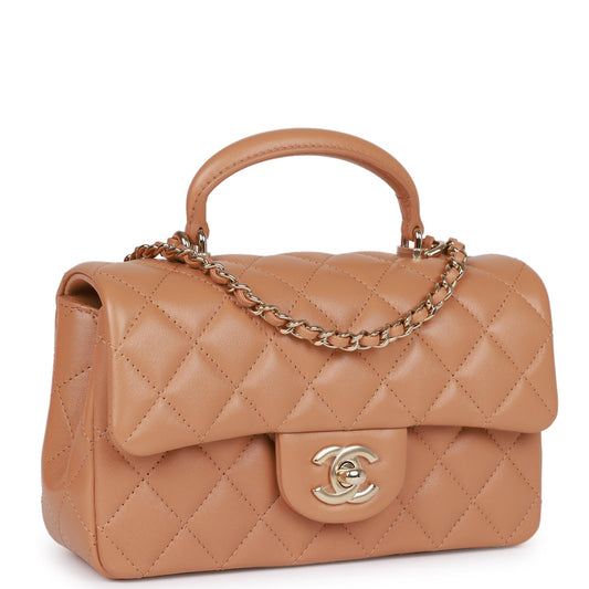 Chanel Mini Rectangular Flap With Top Handle Caramel Lambskin Light Gold Hardware Rovelle Bags