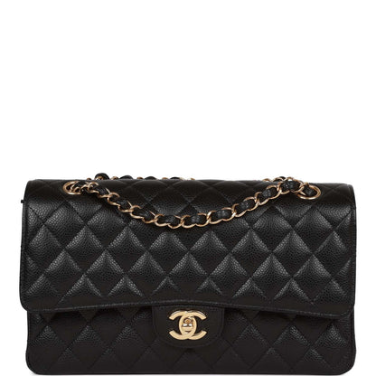 Chanel Medium Classic Double Flap Bag Black Quilted Caviar Gold Hardware Rovelle Bags