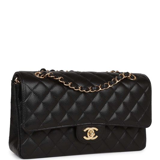 Chanel Medium Classic Double Flap Bag Black Quilted Caviar Gold Hardware Rovelle Bags