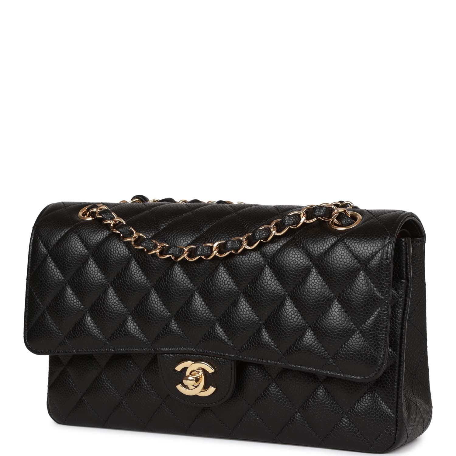Chanel Medium Classic Double Flap Bag Black Quilted Caviar Gold Hardware Rovelle Bags