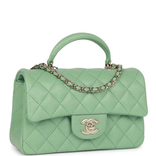 Chanel Mini Rectangular Flap With Top Handle Light Green Lambskin Light Gold Hardware Rovelle Bags