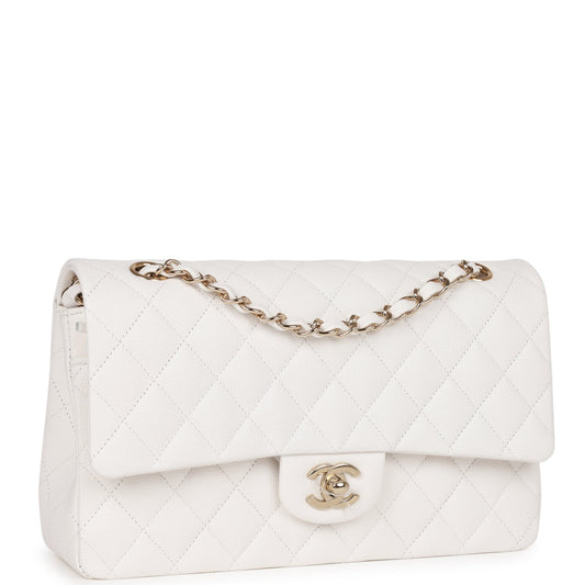 Chanel Medium Classic Double Flap Bag White Caviar Light Gold Hardware Rovelle Bags