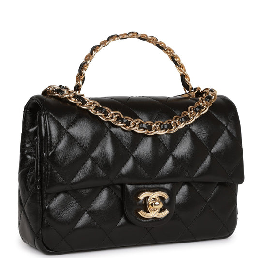 Chanel Mini Rectangular Flap With Top Handle Black Lambskin Gold Hardware Rovelle Bags