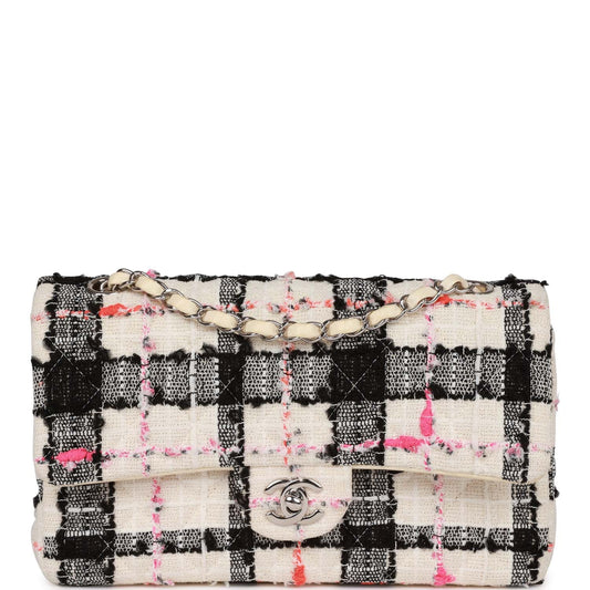 Chanel Medium Classic Double Flap Bag White, Black, and Pink Tweed Silver Hardware Rovelle Bags