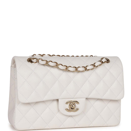 Chanel Small Classic Double Flap Bag White Caviar Light Gold Hardware Rovelle Bags