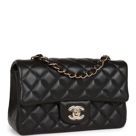 Chanel Mini Rectangular Flap Bag Black Lambskin Light Gold Hardware Rovelle Bags