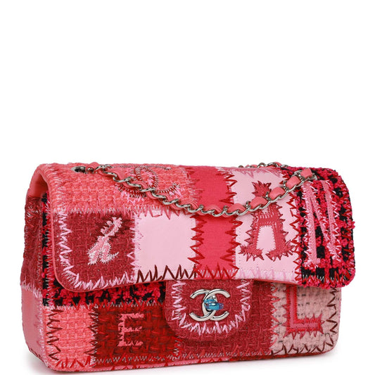 Chanel Medium Flap Bag Pink Patchwork Tweed Silver Hardware Rovelle Bags