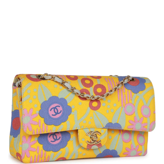 Chanel Medium Classic Double Flap Bag Yellow And Multicolor Floral Print Canvas Gold Hardware Rovelle Bags