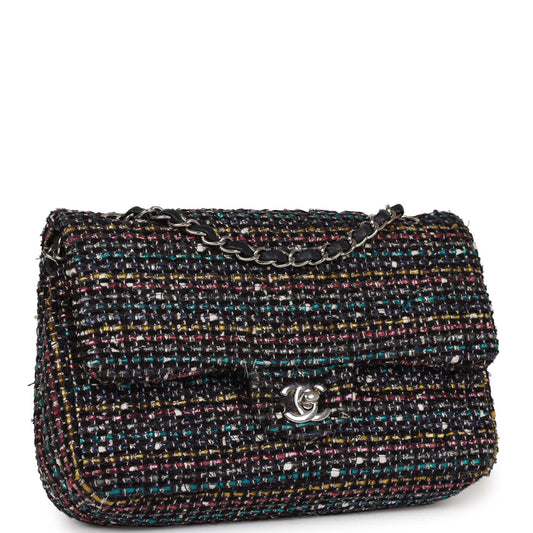 Chanel Medium Classic Double Flap Bag White And Black Tweed Boucle Silver Hardware Rovelle Bags