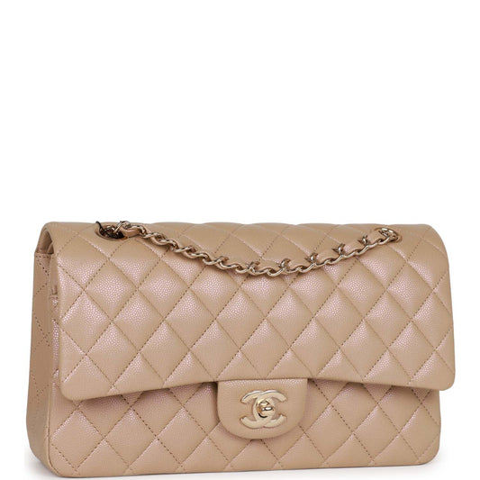 Chanel Medium Classic Double Flap Bag Beige Iridescent Caviar Light Gold Hardware Rovelle Bags