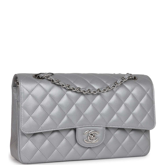 Chanel Medium Classic Double Flap Bag Silver Metallic Lambskin Silver Hardware Rovelle Bags