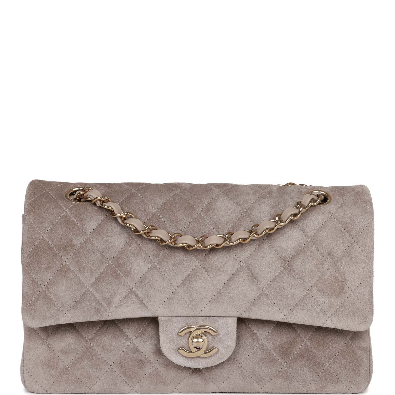Chanel Medium Classic Double Flap Bag Grey Suede Light Gold Hardware Rovelle Bags