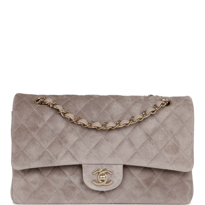 Chanel Medium Classic Double Flap Bag Grey Suede Light Gold Hardware Rovelle Bags