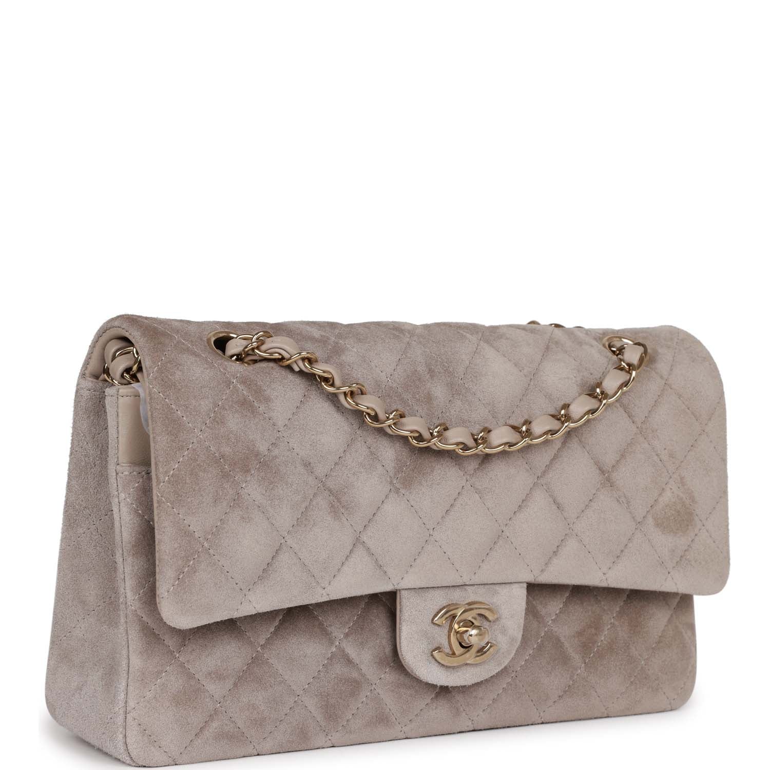 Chanel Medium Classic Double Flap Bag Grey Suede Light Gold Hardware Rovelle Bags
