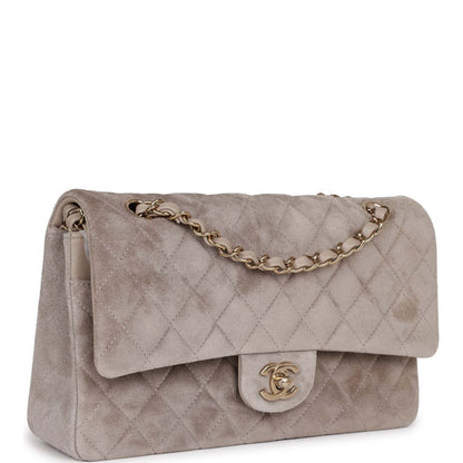 Chanel Medium Classic Double Flap Bag Grey Suede Light Gold Hardware Rovelle Bags
