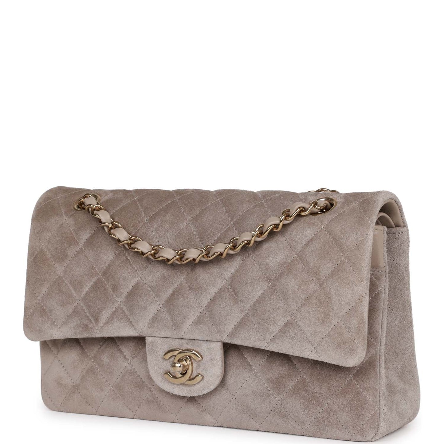 Chanel Medium Classic Double Flap Bag Grey Suede Light Gold Hardware Rovelle Bags