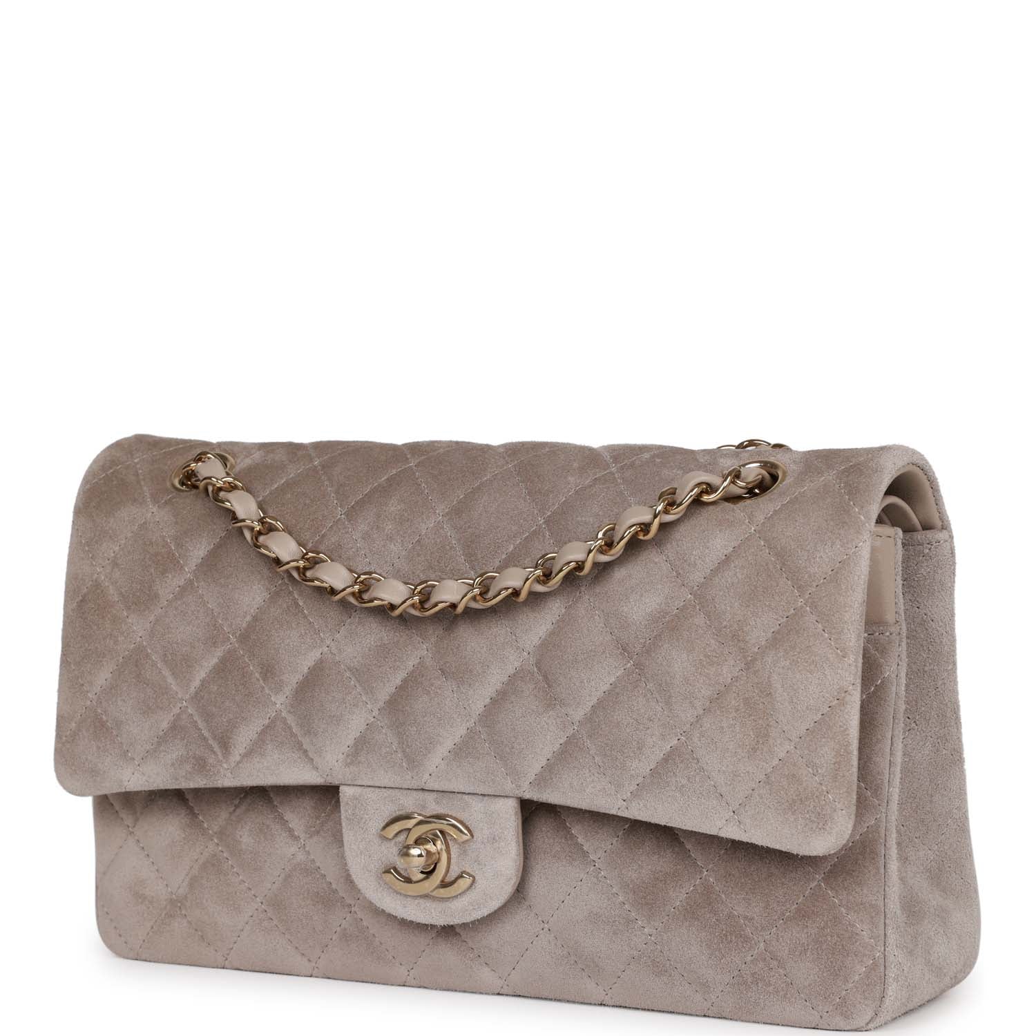 Chanel Medium Classic Double Flap Bag Grey Suede Light Gold Hardware Rovelle Bags