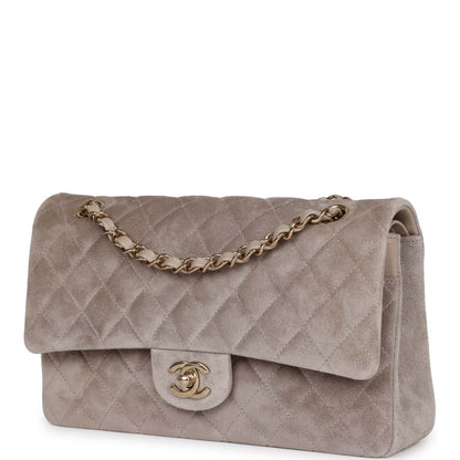 Chanel Medium Classic Double Flap Bag Grey Suede Light Gold Hardware Rovelle Bags