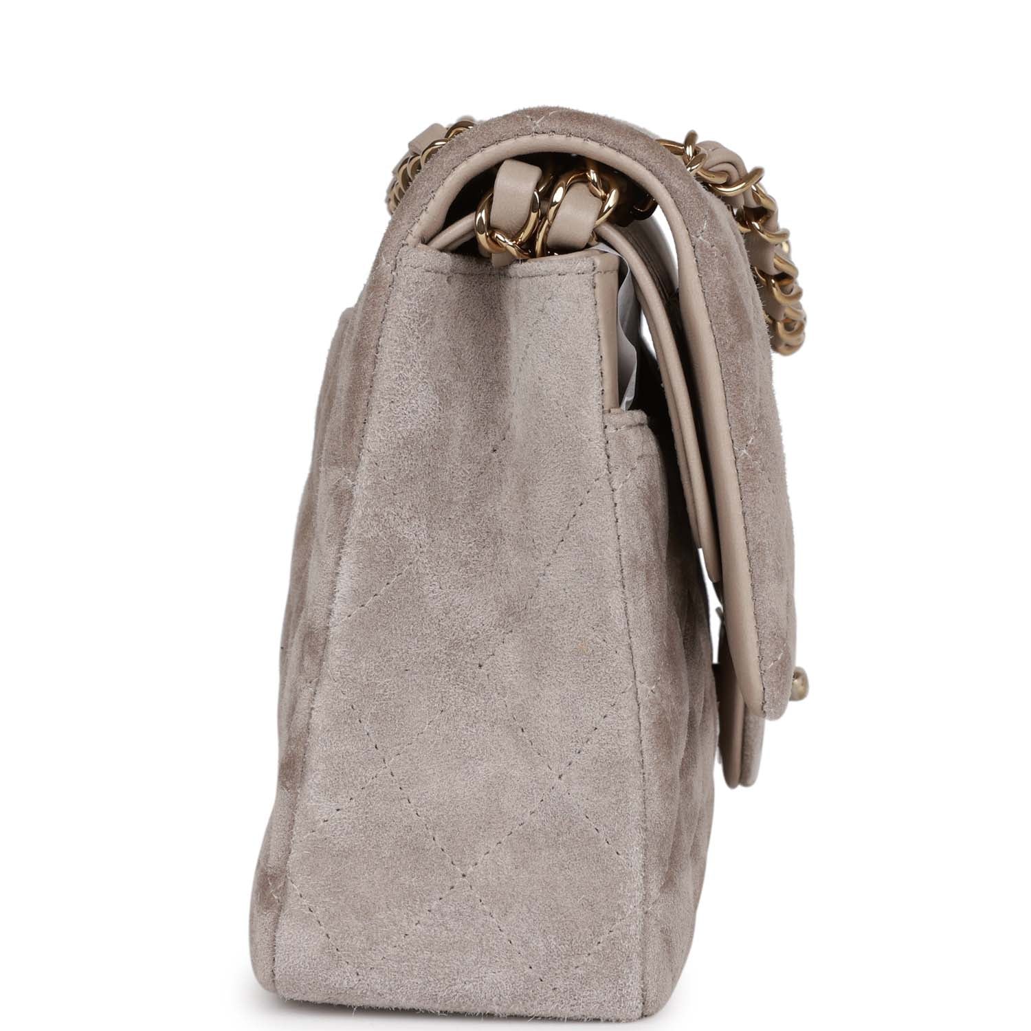 Chanel Medium Classic Double Flap Bag Grey Suede Light Gold Hardware Rovelle Bags