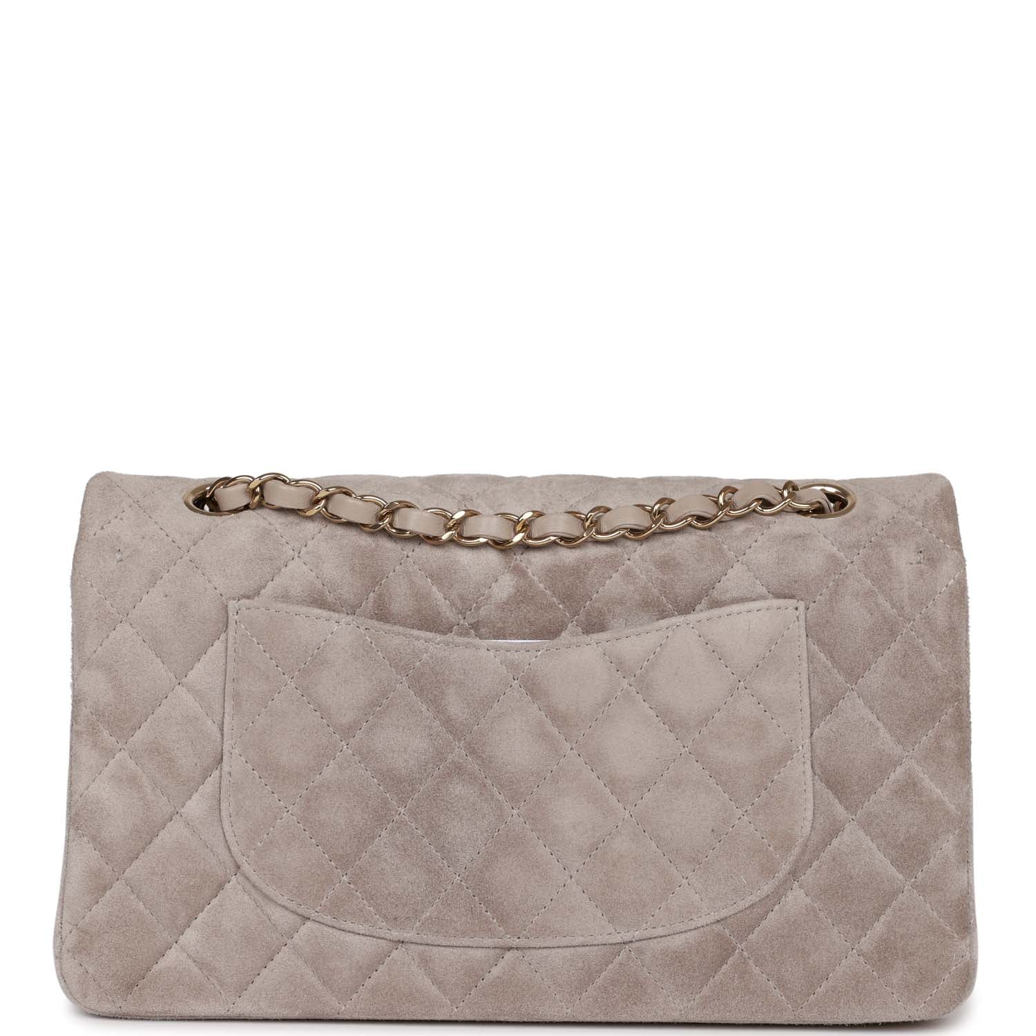 Chanel Medium Classic Double Flap Bag Grey Suede Light Gold Hardware Rovelle Bags