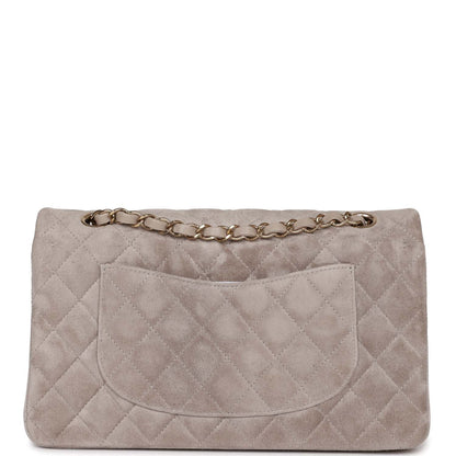 Chanel Medium Classic Double Flap Bag Grey Suede Light Gold Hardware Rovelle Bags