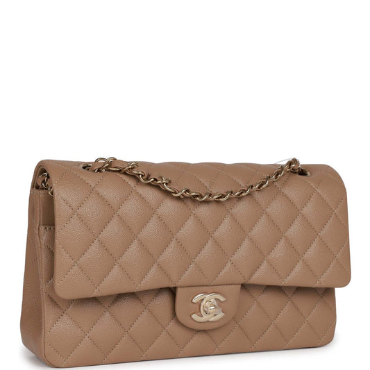 Chanel Medium Classic Double Flap Bag Dark Beige Caviar Light Gold Hardware Rovelle Bags