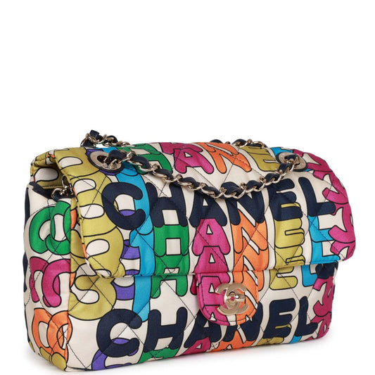 Chanel Medium Flap Bag Multicolor Rainbow Logo Nylon Light Gold Hardware Rovelle Bags