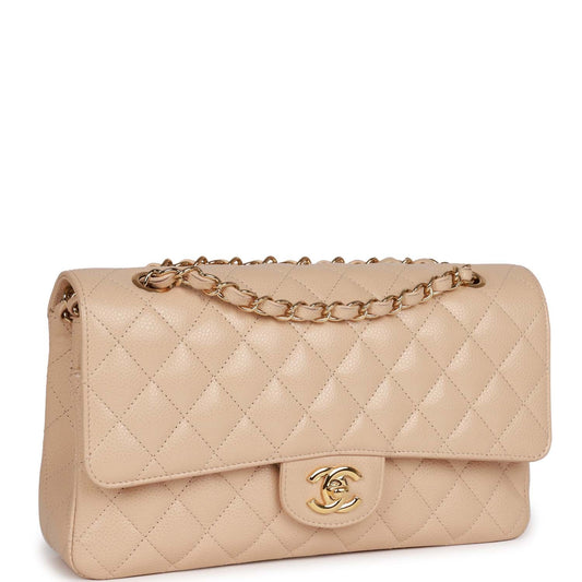 Chanel Medium Classic Double Flap Bag Beige Caviar Gold Hardware Rovelle Bags
