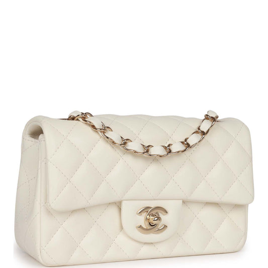 Chanel Mini Rectangular Flap Bag White Lambskin Light Gold Hardware Rovelle Bags