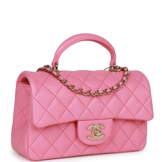Chanel Rectangular Mini Flap Bag With Top Handle Pink Lambskin Light Gold Hardware Rovelle Bags