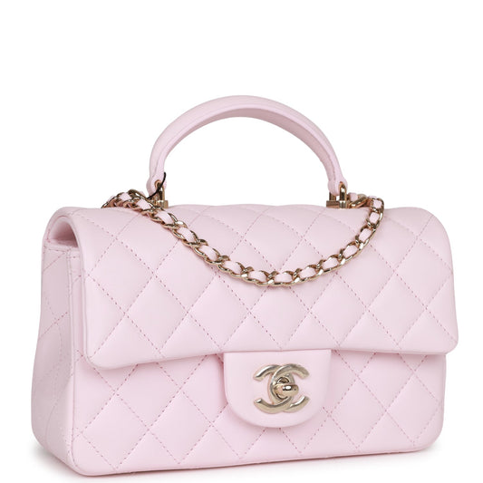 Chanel Mini Rectangular Flap Bag With Top Handle Light Pink Lambskin Light Gold Hardware Rovelle Bags
