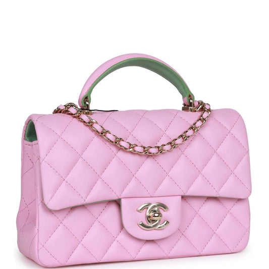 Chanel Mini Rectangular Flap With Top Handle Pink And Green Lambskin Light Gold Hardware Rovelle Bags
