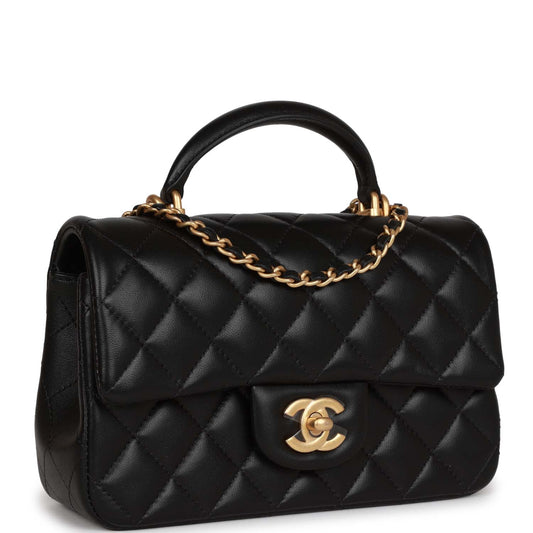 Chanel Mini Rectangular Flap With Top Handle Black Lambskin Antique Gold Hardware Rovelle Bags