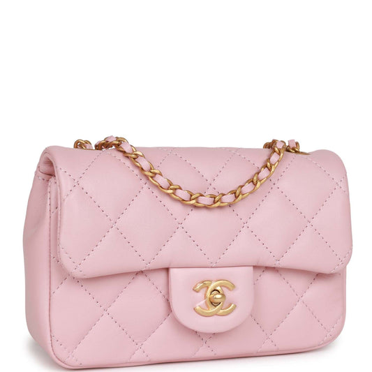 Chanel Mini Rectangular Flap Bag With Heart Chain Pink Lambskin Antique Gold Hardware Rovelle Bags