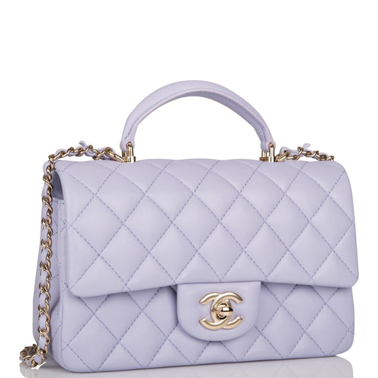 Chanel Mini Rectangular Flap With Top Handle Lavender Lambskin Light Gold Hardware Rovelle Bags