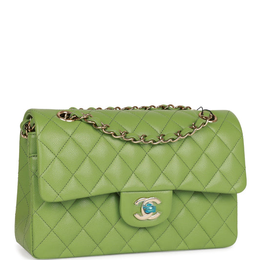 Chanel Small Classic Double Flap Green Caviar Light Gold Hardware Rovelle Bags