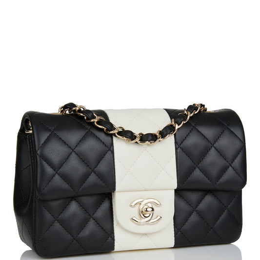 Chanel Mini Rectangular Flap Bag Black And White Lambskin Light Gold Hardware Rovelle Bags