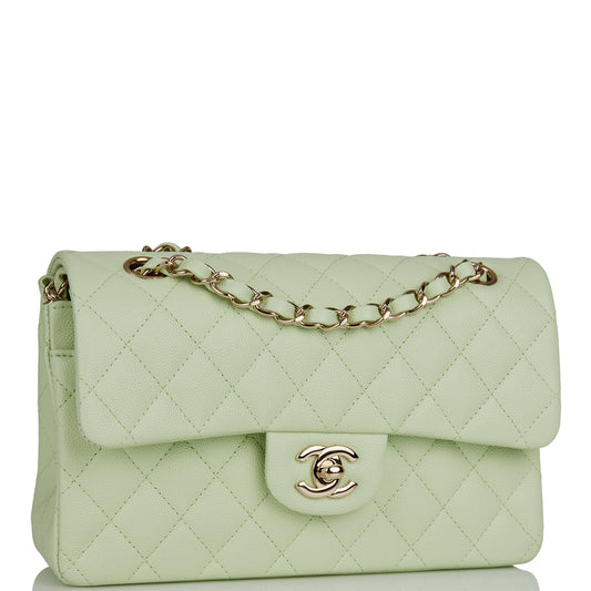 Chanel Small Classic Double Flap Light Green Caviar Light Gold Hardware Rovelle Bags