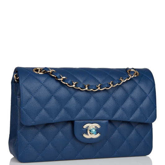 Chanel Small Classic Double Flap Dark Blue Caviar Light Gold Hardware Rovelle Bags