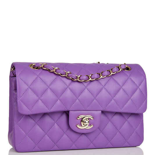 Chanel Small Classic Double Flap Bag Purple Lambskin Light Gold Hardware Rovelle Bags