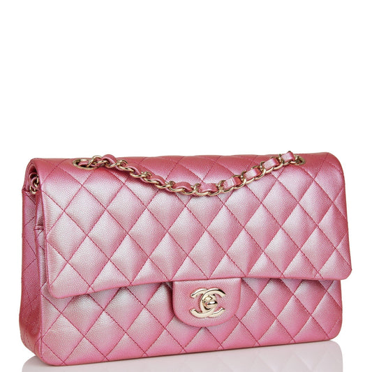 Chanel Medium Classic Double Flap Bag Rose Iridescent Caviar Light Gold Hardware Rovelle Bags