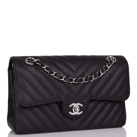 Chanel Small Chevron Classic Double Flap Black Calfskin Silver Hardware Rovelle Bags