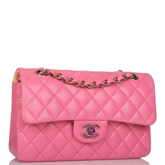 Chanel Pink Quilted Lambskin Small Classic Double Flap Bag Rainbow Hardware Rovelle Bags