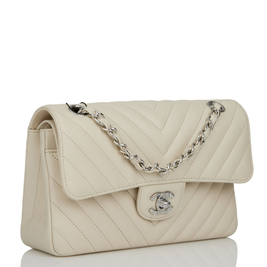 Chanel Small Chevron Classic Double Flap Ecru Calfskin Silver Hardware Rovelle Bags